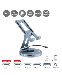 USB-C Multitask Hub Stand Holder fits under 13” Tablets/Phones, HDMI 4K@60Hz, 2xUSB-A & USB-C 5Gbps ports, 3.5mm headset jack, SD/Micro SD, PD 100W 