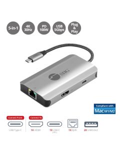 USB-C to HDMI with LAN Hub & PD Charging Adapter, HDMI 4K@30Hz, two USB-A 5Gbps, GbE, PD100W