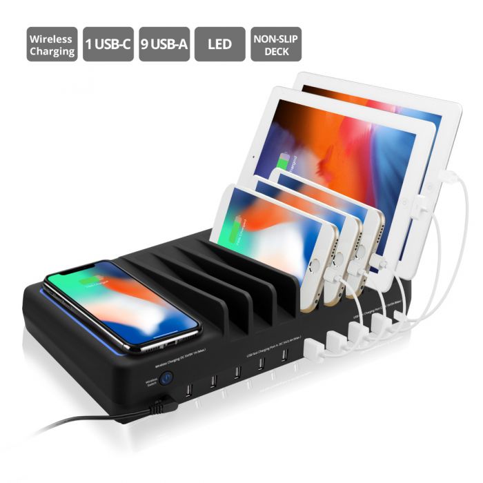 90W 10-Port USB-A/C & Wireless Charging Station with Ambient Light Deck