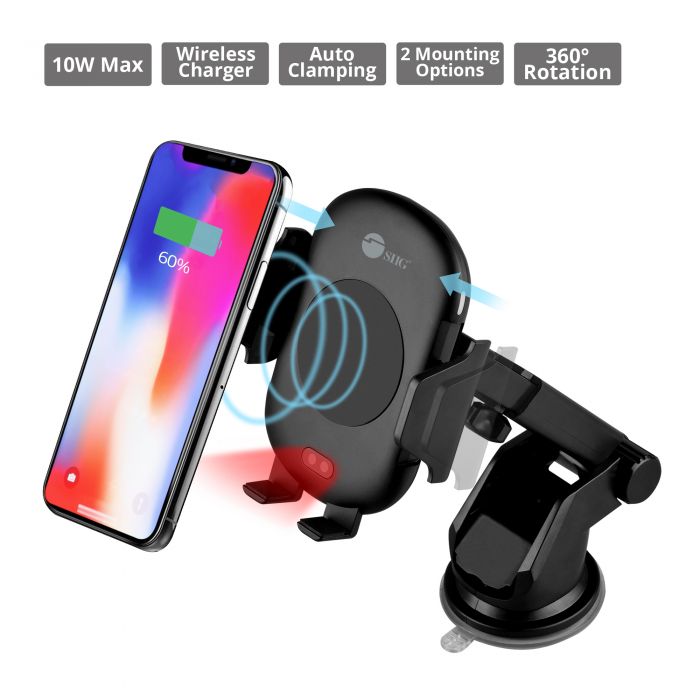 Auto-Clamping Wireless Car Charger Mount/Stand - 10W Max - Qi Wireless  Charging - 360° Rotation