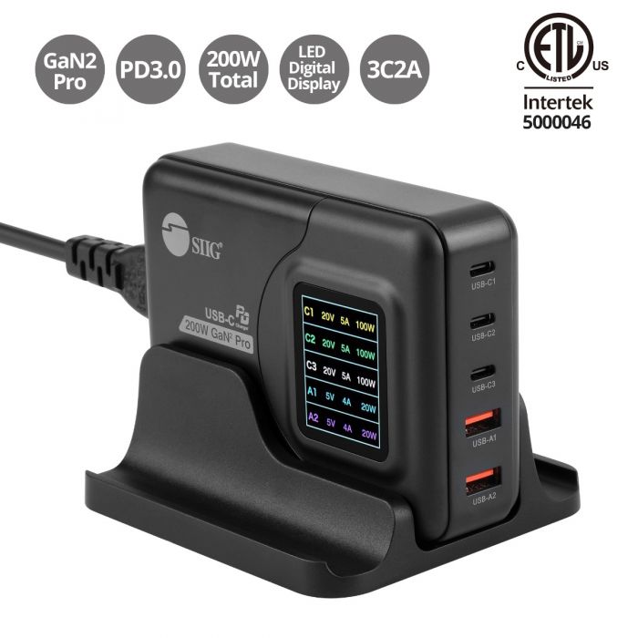 200W GaN PD Charger with Charging Display - 3C2A - Maximum 200W output  totally - USB-C1/C2/C3 up to 100W - USB-A1/A2 up to 22.5W - USB-C Power  Adapter