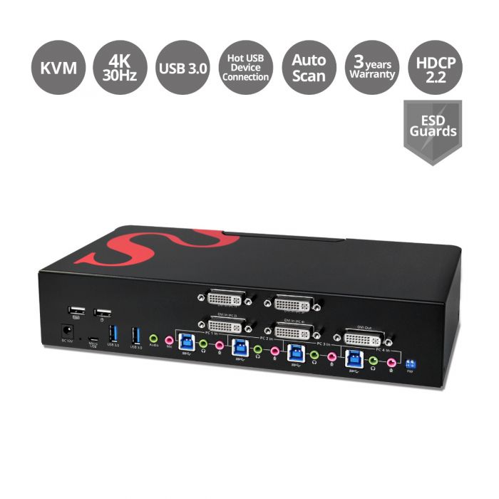 4-Port DVI Smart Console KVM Switch with 3.0 and Multimedia Ports