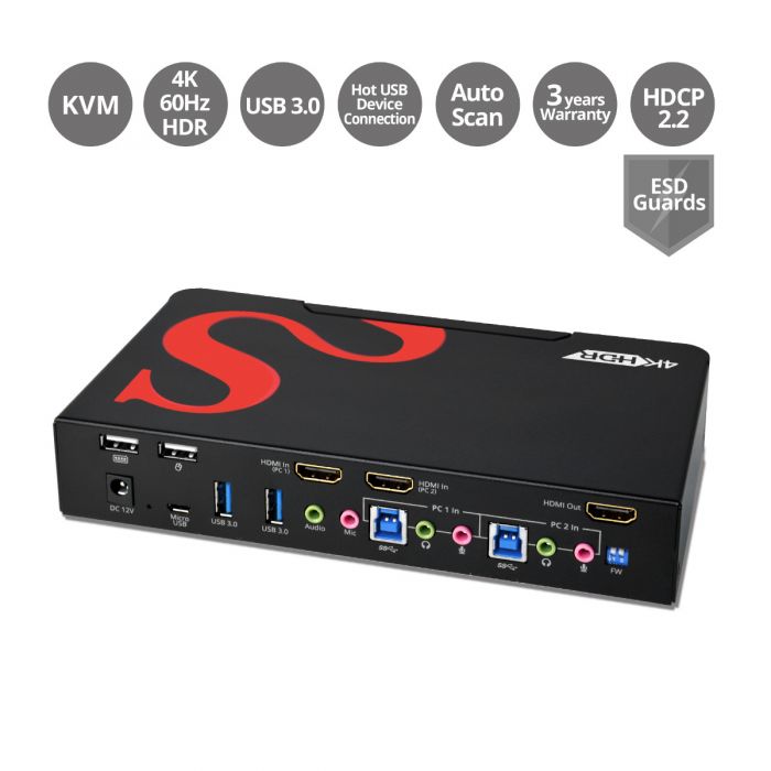 2-Port HDMI 4K HDR Smart Console KVM Switch with USB 3.0 and Multimedia  Ports