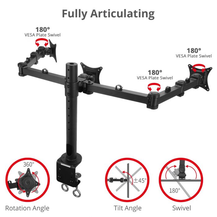 Articulating Triple Monitor Desk Mount - 13 to 27, Max Load 22