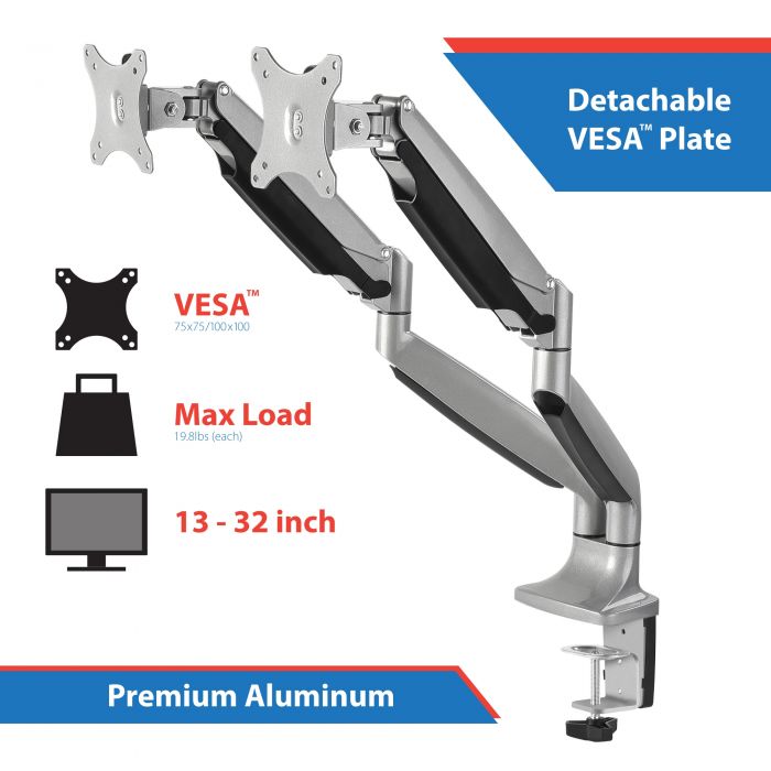 High Premium Aluminum Gas Spring Desk Mount - Dual Monitor, Fits 13 to 32  monitors, Max load 19.8Ibs(each), VESA 75x75/100x100mm