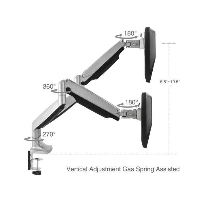 High Premium Aluminum Gas Spring Desk Mount - Dual Monitor, Fits 13 to 32  monitors, Max load 19.8Ibs(each), VESA 75x75/100x100mm