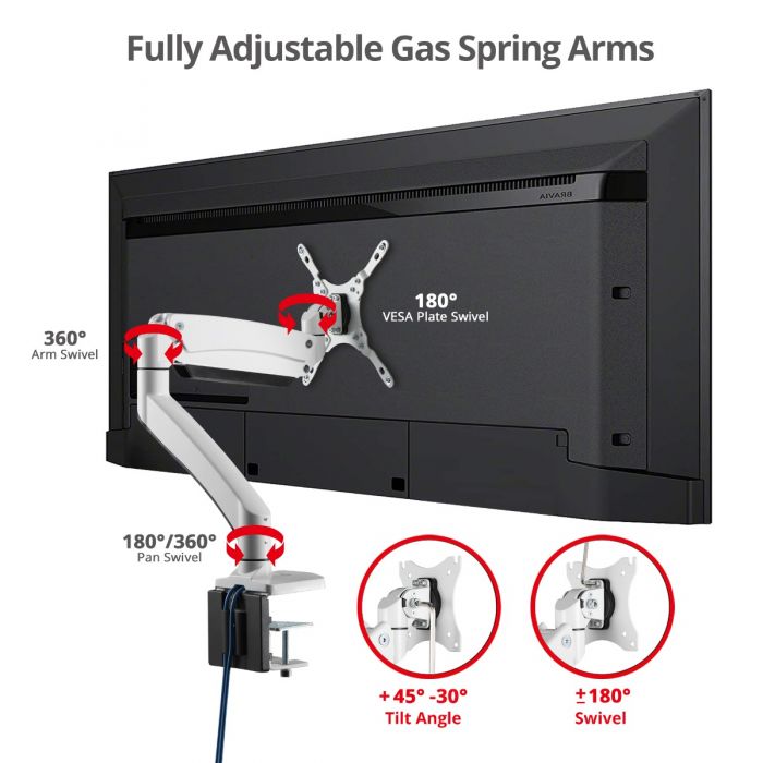 Heavy Duty Gas Spring Single Monitor Arm - Desk Mount, 17 to 49, 50.7 lbs  Max, Aluminum, VESA 75x75, 100x100, 200x200mm, Quick Access USB 3.0 