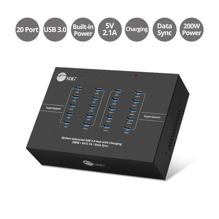 7-Port USB-A Hub, Data Rates up to 5 Gbps, 12W BC 1.2 Charging