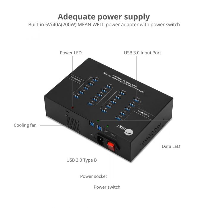 20-Port Industrial USB 3.0 Hub with Charging