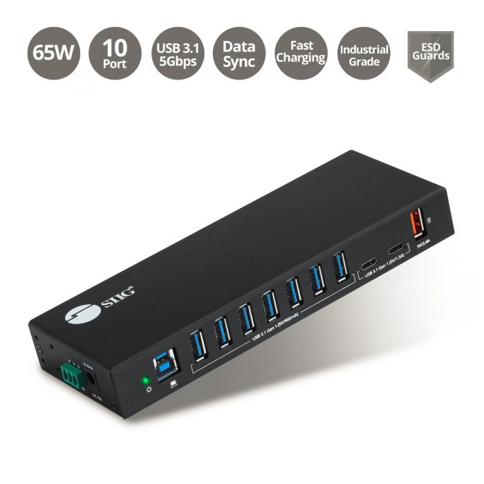 10-Port Industrial USB 3.1 Gen 1 Hub with Dual USB-C & Charging