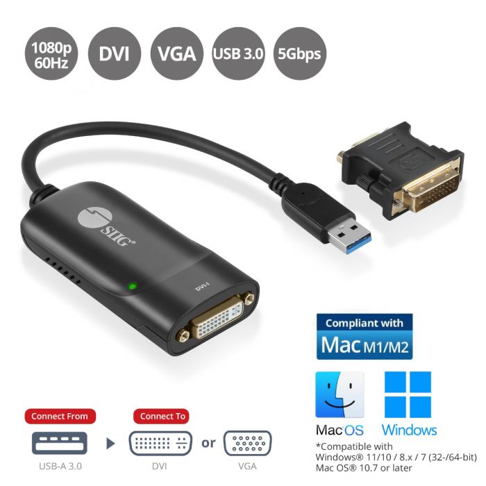 hældning Derved Cataract USB 3.0 to DVI/VGA Pro adpater, 1080p, USB 3.0 5 Gbps, included DVI to VGA  adapter