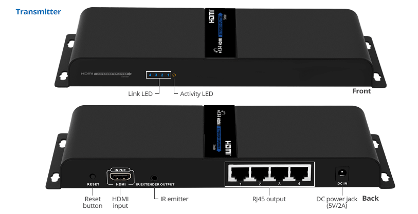 1x4 HDMI Extender Splitter Over Cat5e/Cat6/Cat7 Ethernet Cable Up to  50m/165ft - EDID Management & Bi-Directional IR Remote Control & POC  Function